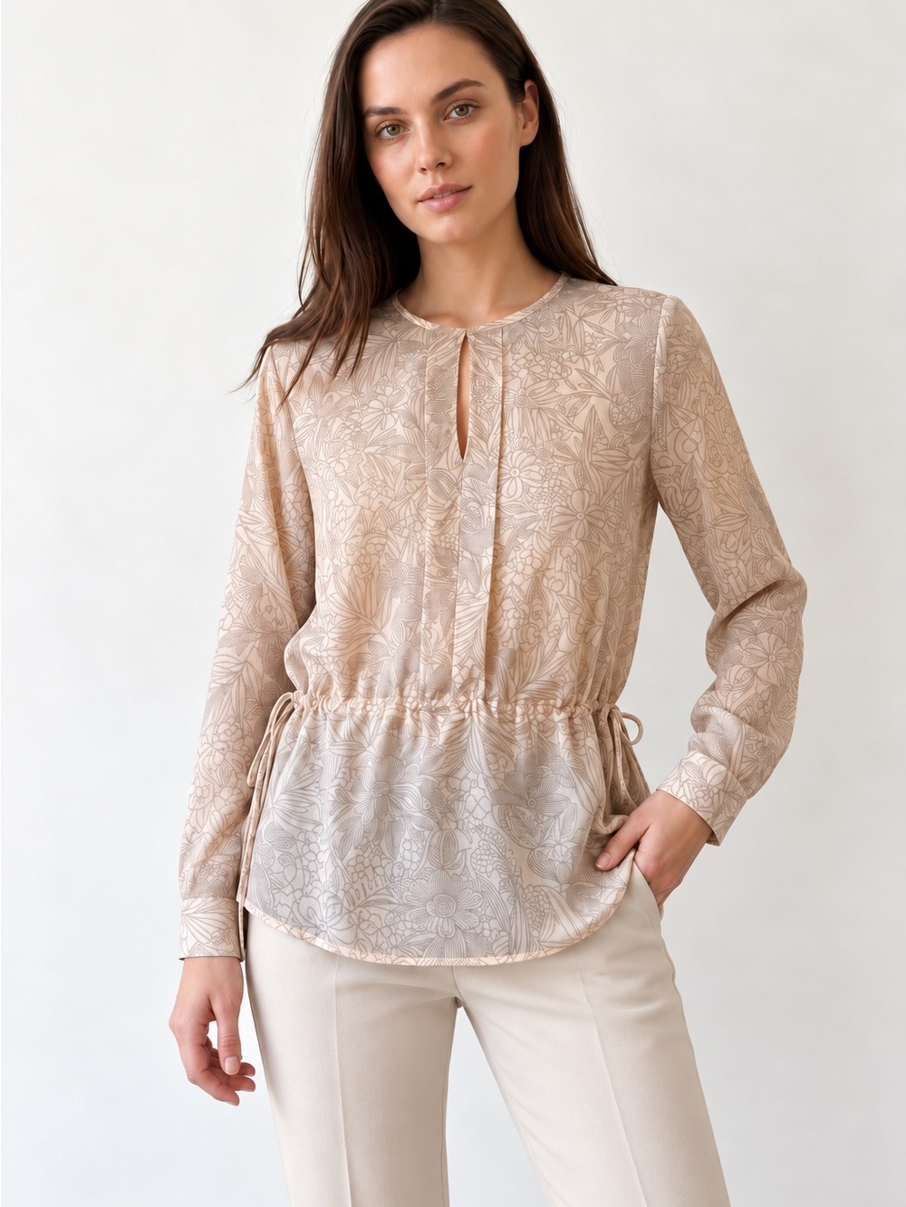 H&M earthy boho cream taupe floral keyhole blouse with adjustable tie waist